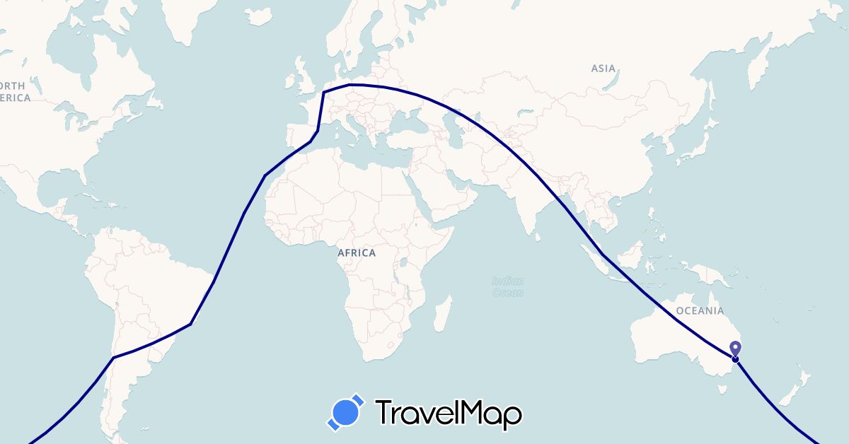 TravelMap itinerary: driving in Australia, Belgium, Brazil, Chile, Cape Verde, Germany, Spain, Singapore (Africa, Asia, Europe, Oceania, South America)